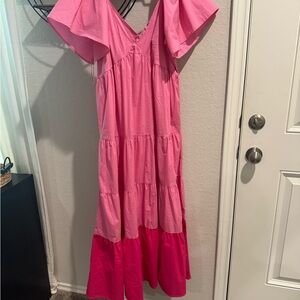 Pink Ruffled Tiered Off-the-Shoulder Maxi Sundress